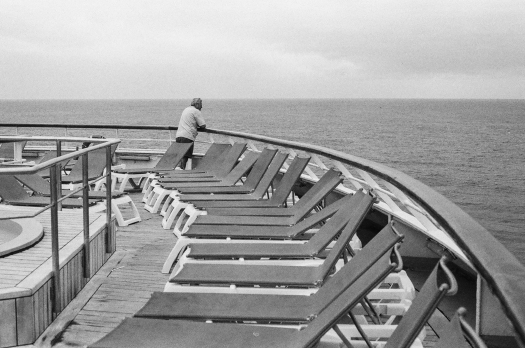 A passenger from Yorkshire takes in the horizon of the Caribbean Sea.